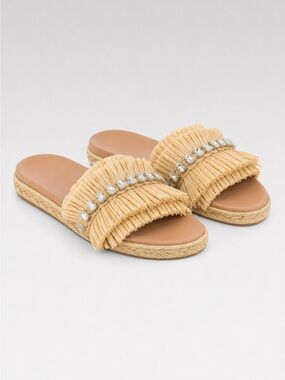 Prada Tan Raffia Slide Sandals with Crystal Trim